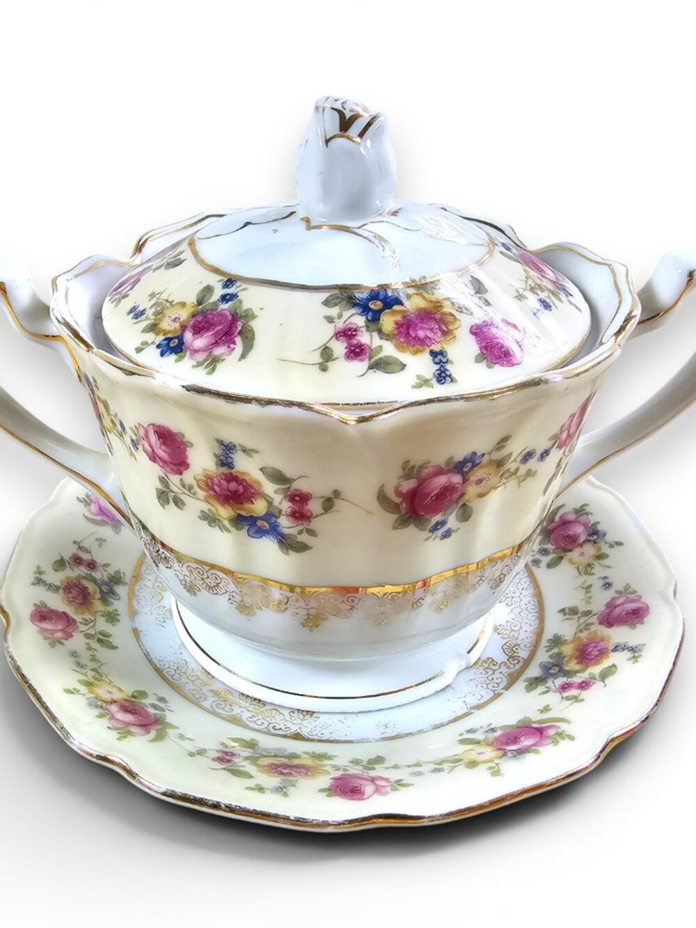 Gold Castle Hostess Sugar Bowl with Lid and Saucer Plate Floral Vintage Japan